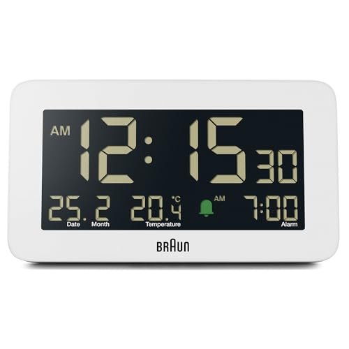 Braun Digitaler Wecker mit Datums-, Monats- und Temperaturanzeige, negativem LCD-Display, Schnelleinstellung und anschwellendem Alarm-Piepton in Weiß, Modell BC10W.